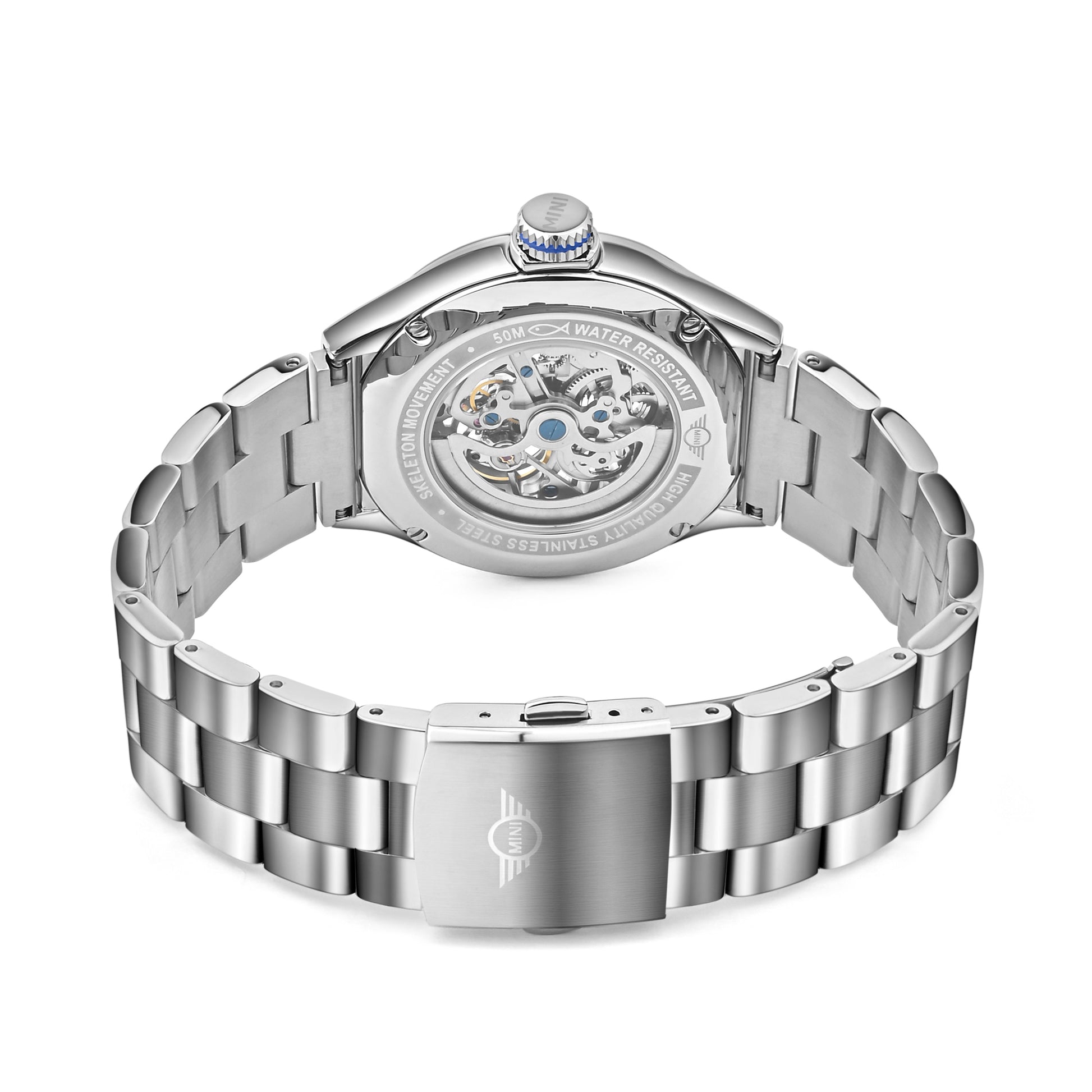 MINI Cooper skeleton steel bracelet - blue watch with stainless steel link bracelet and visible mechanical movement