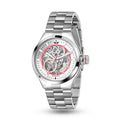 MINI Cooper watch with Skeleton Steel Bracelet - Red featuring a visible mechanical movement and silver metal band