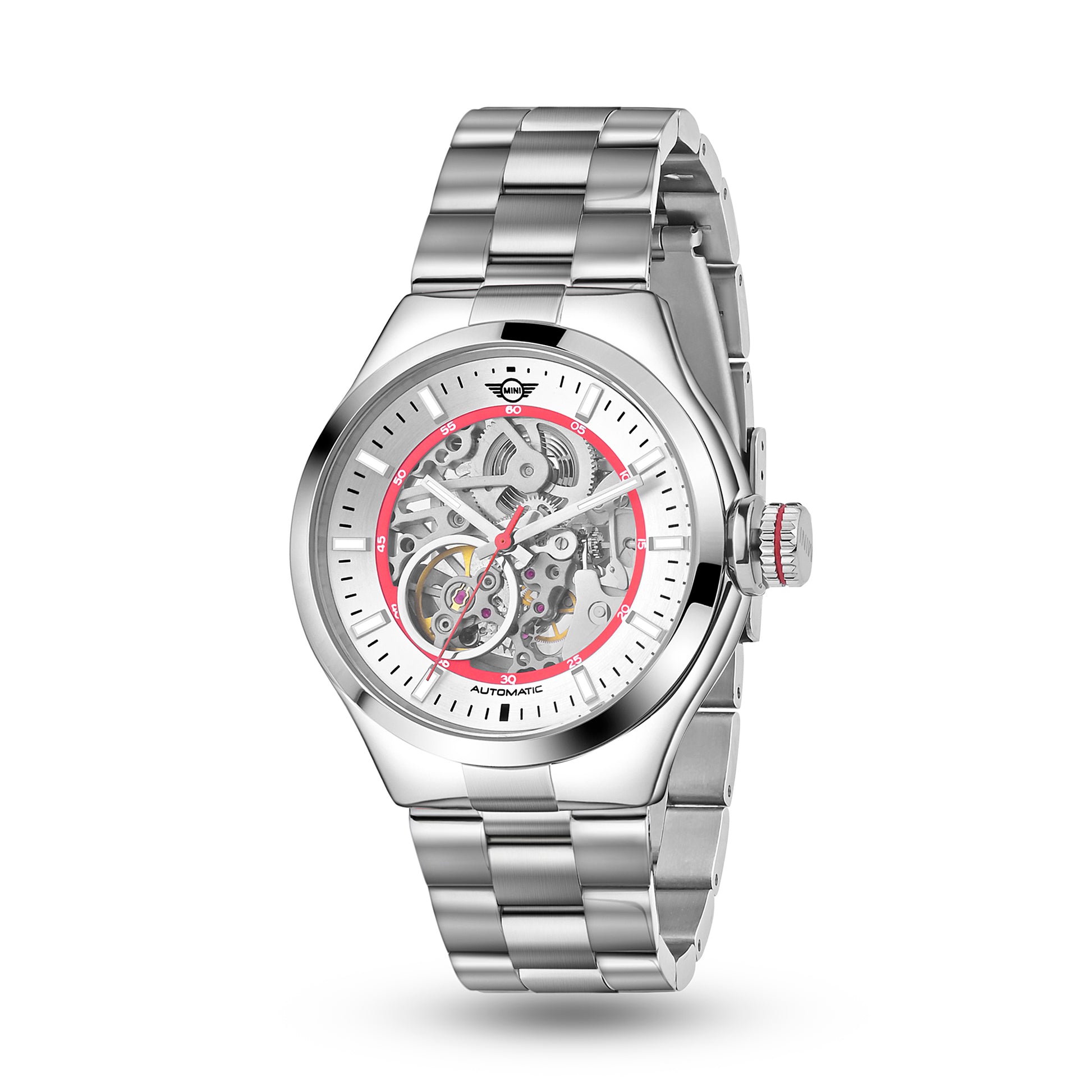 MINI Cooper watch with Skeleton Steel Bracelet - Red featuring a visible mechanical movement and silver metal band