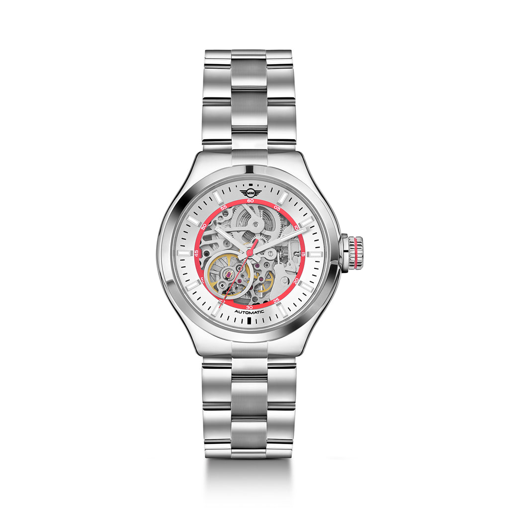 MINI Cooper watch with Skeleton Steel Bracelet - Red featuring a visible gear mechanism and stainless steel band