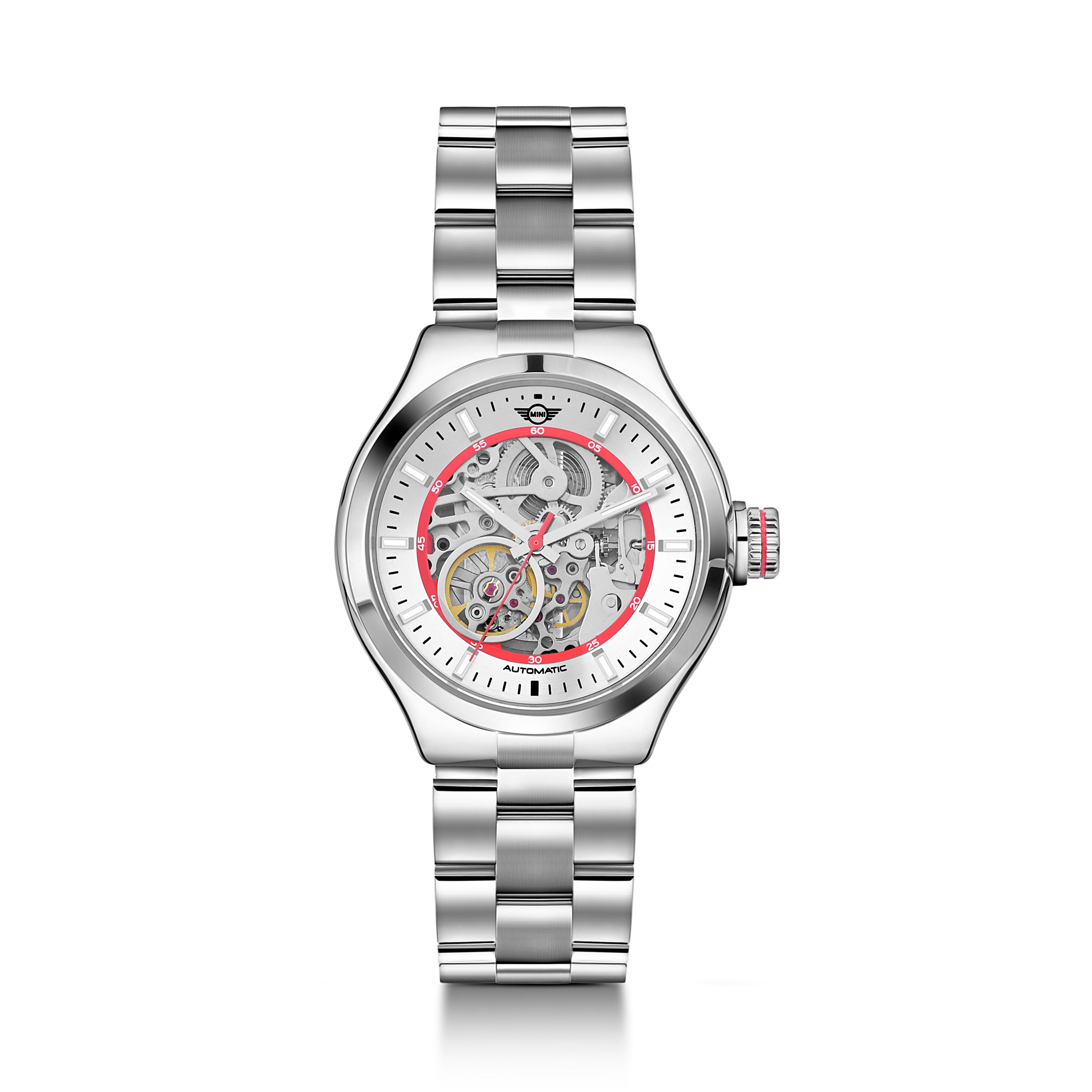 MINI Cooper watch with Skeleton Steel Bracelet - Red featuring a visible gear mechanism and stainless steel band