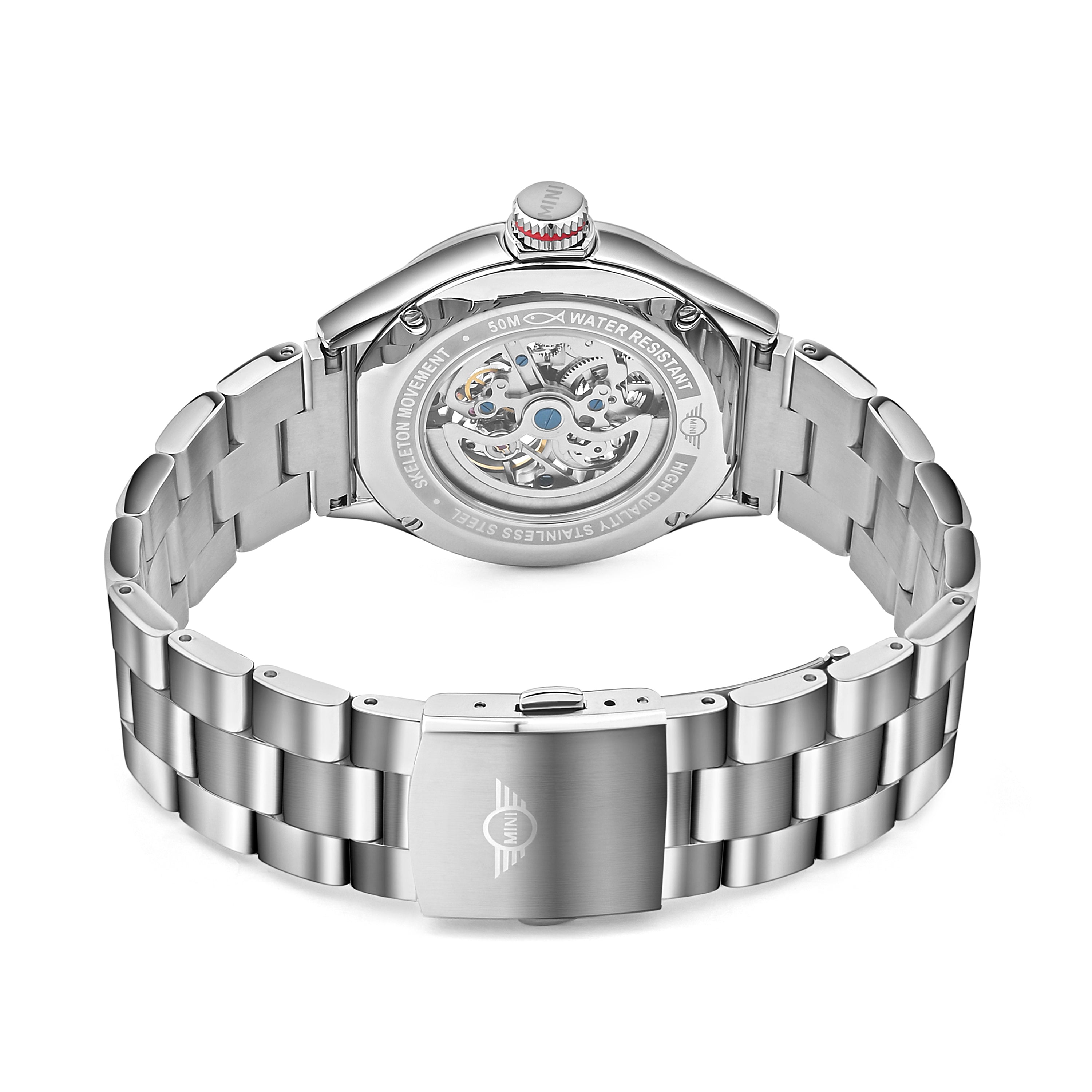 MINI Cooper watch with Skeleton Steel Bracelet Red featuring stainless steel back and detailed movement