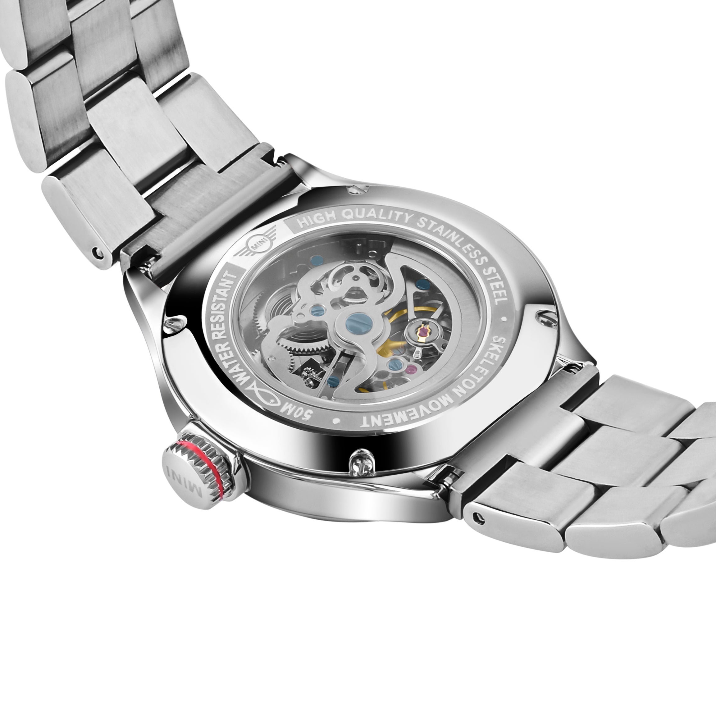 MINI Cooper watch with Skeleton Steel Bracelet - Red featuring stainless steel and visible mechanical movement