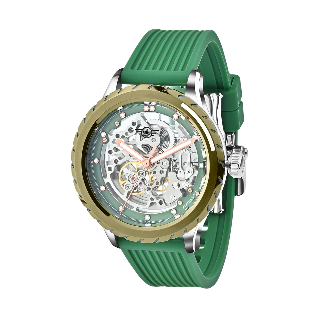 MINI Cooper Skeleton Wheel Dial Silicone Strap - Green watch with transparent mechanical dial and green silicone band