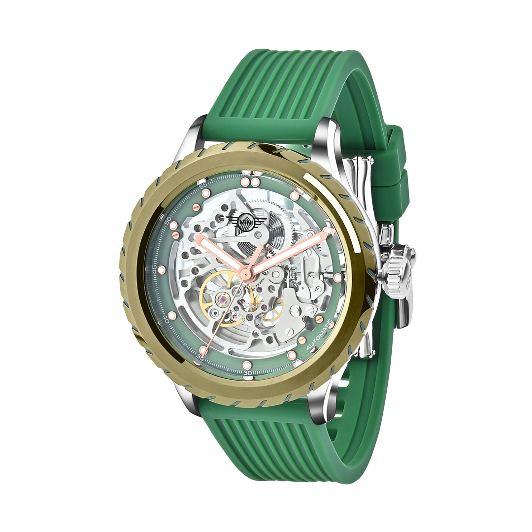 MINI Cooper Skeleton Wheel Dial Silicone Strap - Green watch with transparent mechanical dial and green silicone band