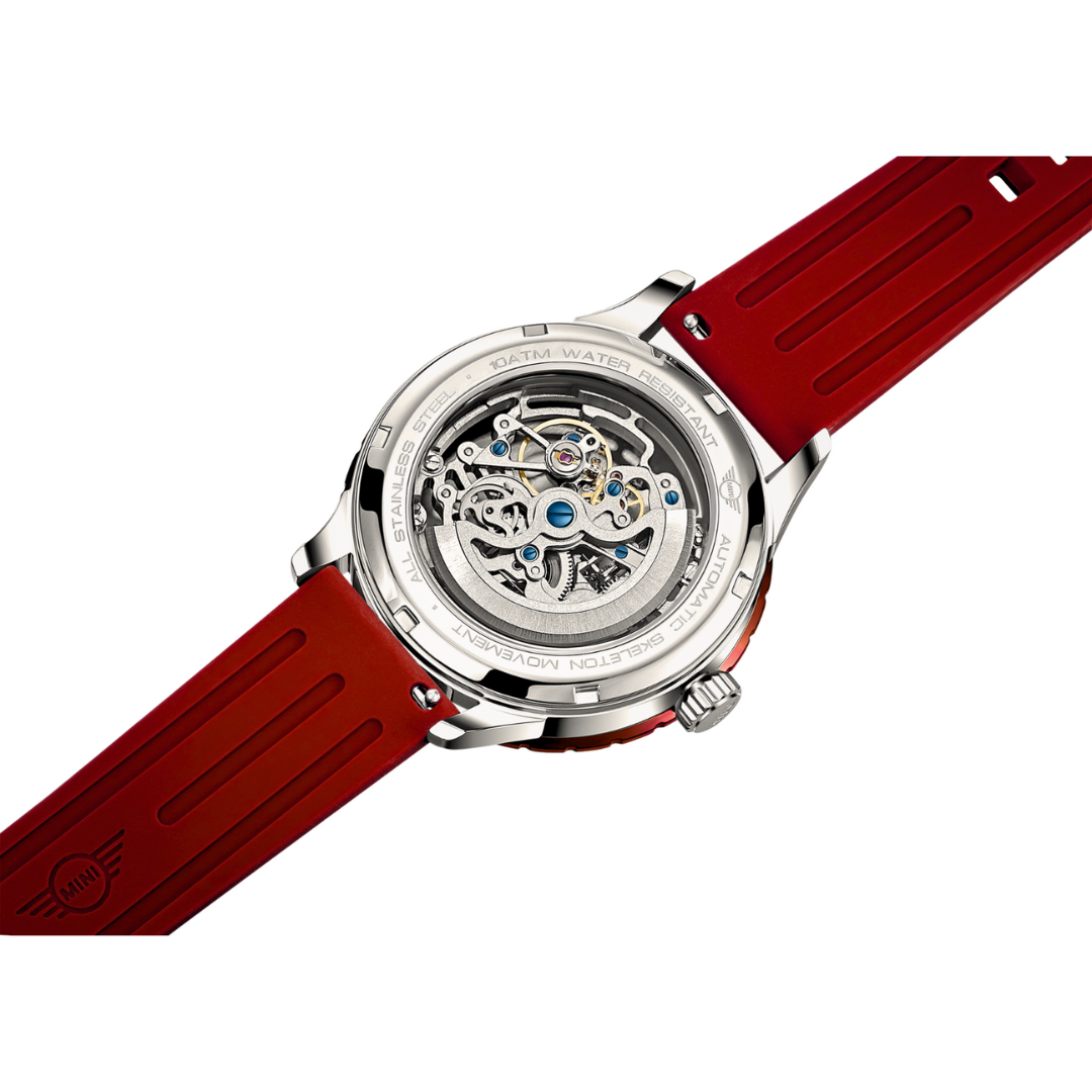 MINI Cooper watch with Skeleton Wheel Dial Silicone Strap - Red featuring detailed mechanical movement