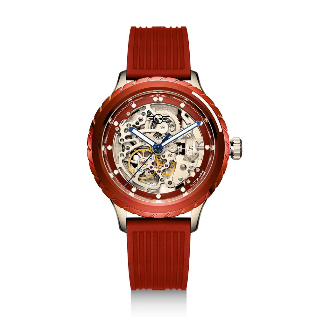MINI Cooper Skeleton Wheel Dial Silicone Strap - Red watch with transparent dial and red silicone band