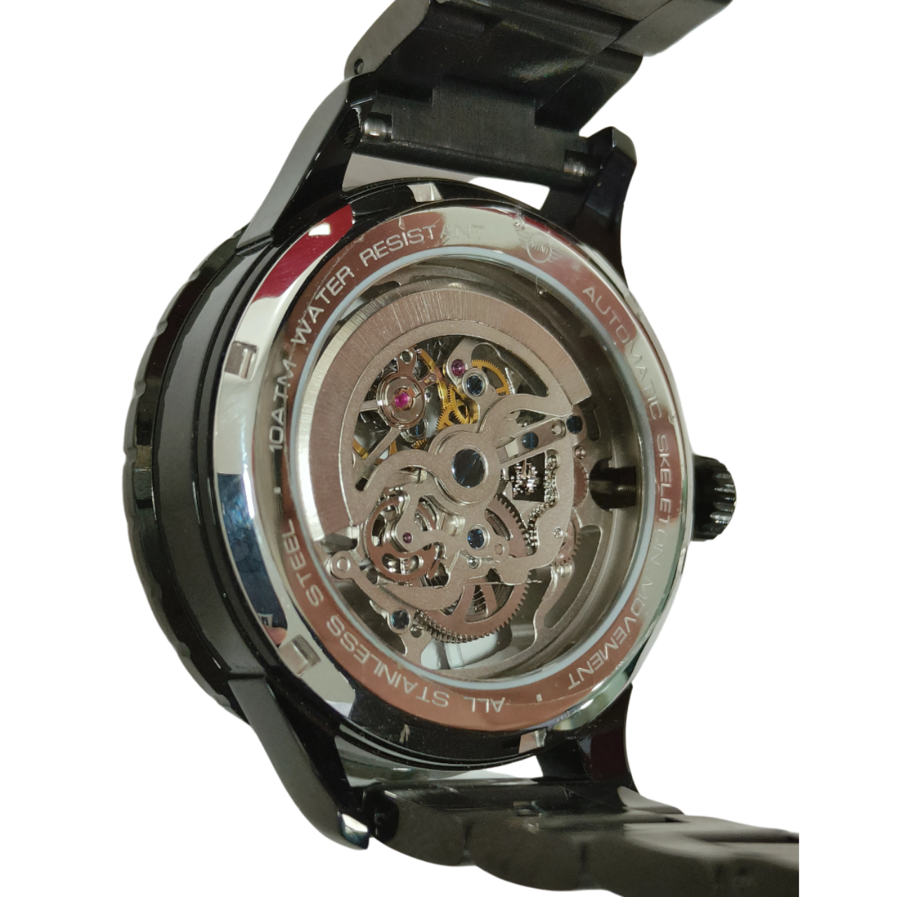 MINI Cooper watch with Skeleton Wheel Dial Steel Bracelet - Black showing intricate mechanical movement