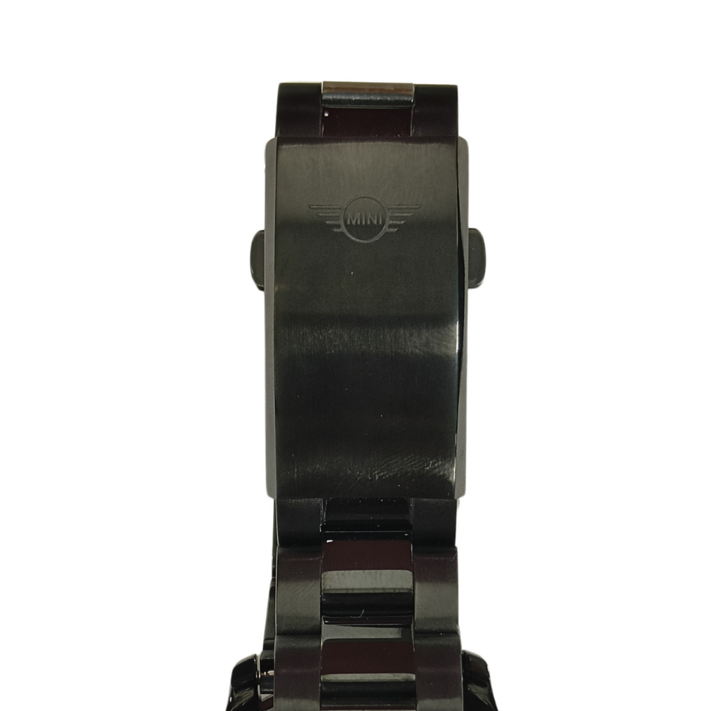 MINI Cooper watch clasp with Skeleton Wheel Dial Steel Bracelet - Black metal link design