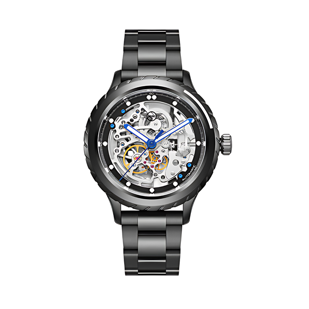 MINI Cooper Skeleton Wheel Dial Steel Bracelet - Black watch with visible gears and blue hands