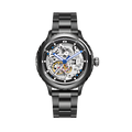 MINI Cooper Skeleton Wheel Dial Steel Bracelet - Black watch with visible gears and blue hands