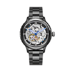 MINI Cooper Skeleton Wheel Dial Steel Bracelet - Black watch with visible gears and blue hands