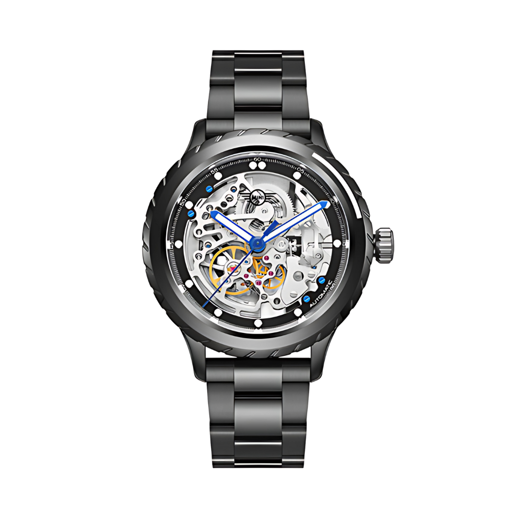 MINI Cooper Skeleton Wheel Dial Steel Bracelet - Black watch with visible gears and blue hands