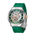 MINI Cooper watch with Skeleton Silicone Strap - Green and silver case showing mechanical movement