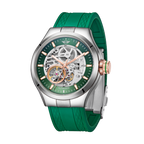 MINI Cooper watch with Skeleton Silicone Strap - Green and silver case showing mechanical movement
