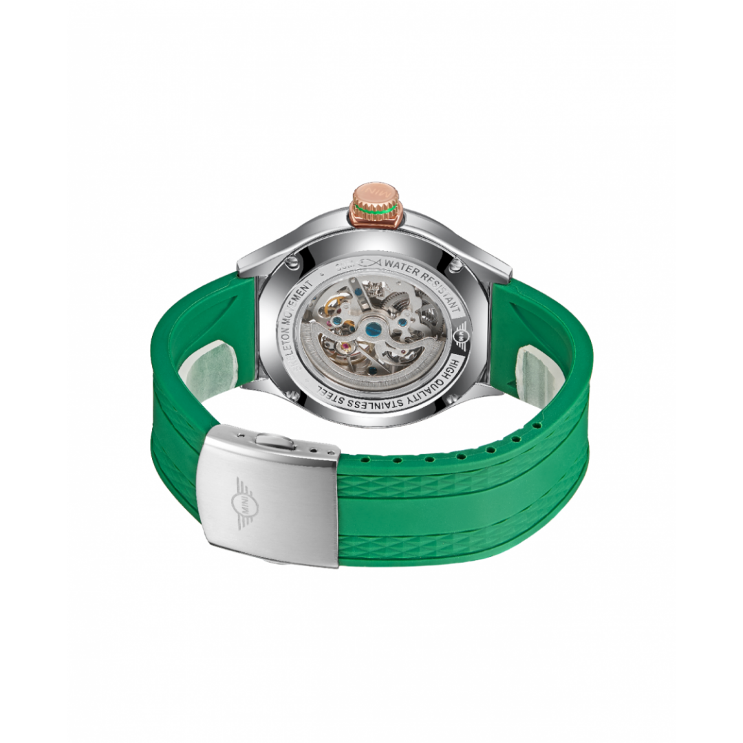 MINI Cooper watch with Skeleton Silicone Strap - Green and visible mechanical movement back