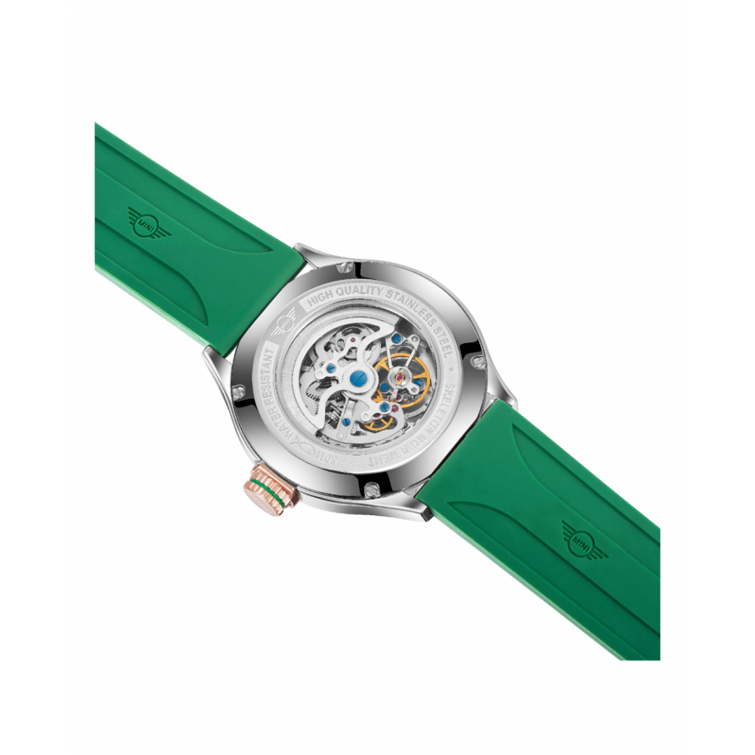 MINI Cooper watch with Skeleton Silicone Strap Green and visible mechanical movement on back