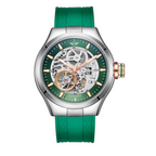 MINI Cooper watch with Skeleton Silicone Strap Green and silver case showcasing the intricate mechanical dial