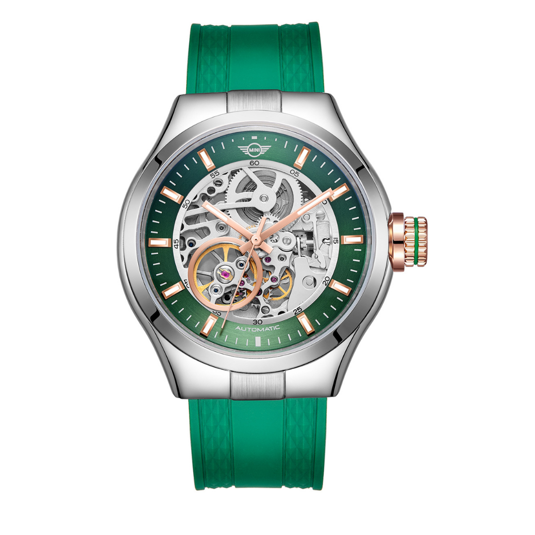 MINI Cooper watch with Skeleton Silicone Strap Green and silver case showcasing the intricate mechanical dial