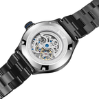 MINI Cooper Skeleton Steel Bracelet Black watch showcasing detailed mechanical movement and black steel band