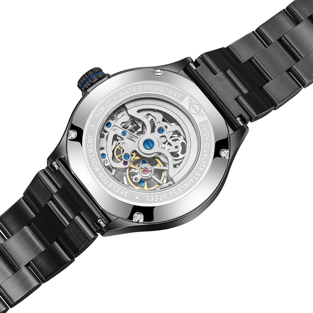 MINI Cooper Skeleton Steel Bracelet Black watch showcasing detailed mechanical movement and black steel band