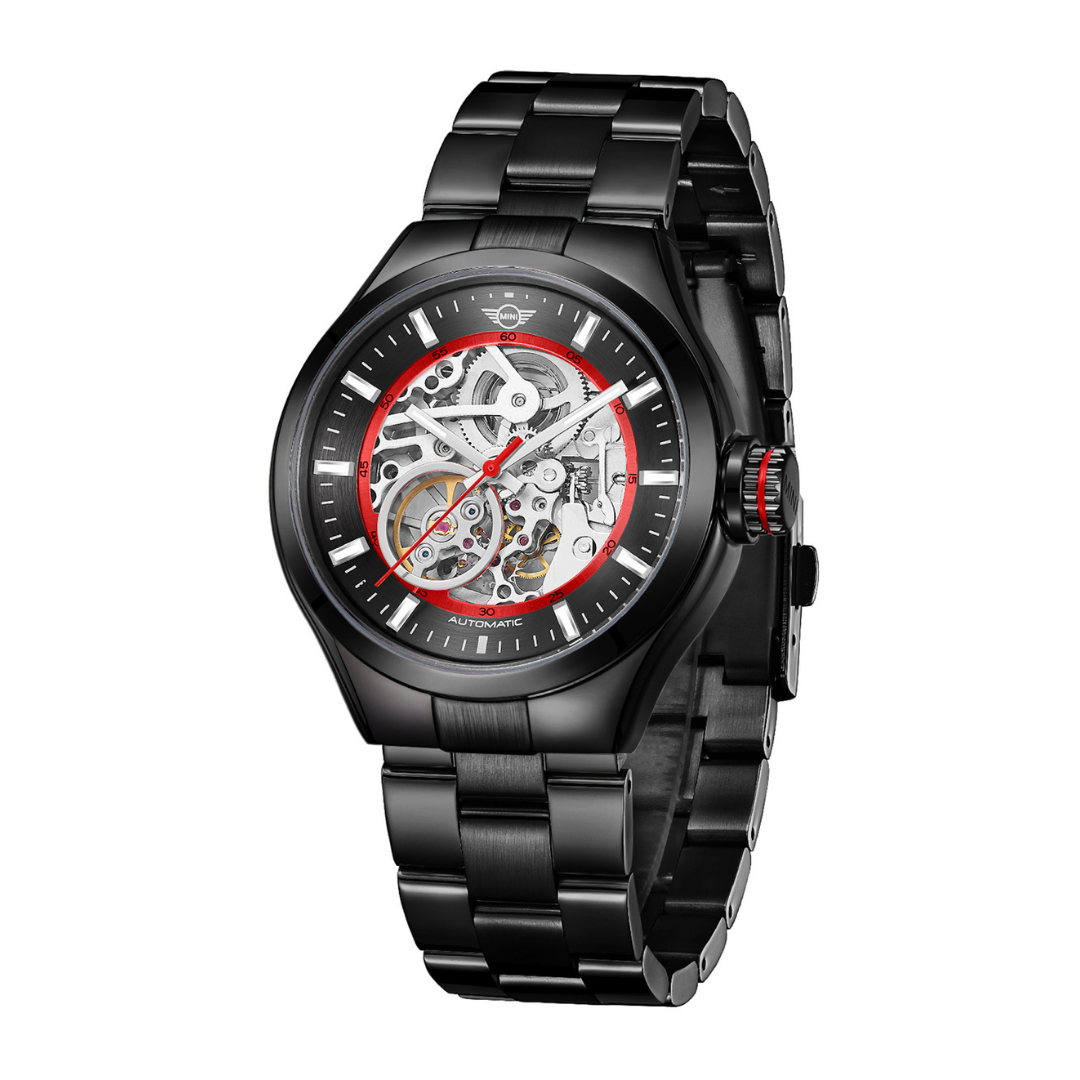 MINI Cooper Skeleton Steel Bracelet - Black& Red watch with black metal band and exposed mechanical movement