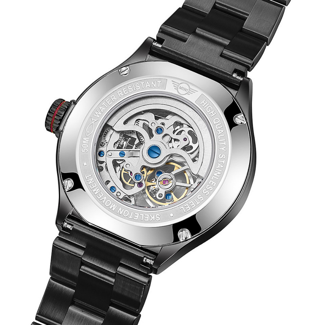 MINI Cooper watch with Skeleton Steel Bracelet - Black& Red featuring visible mechanical movement and stainless steel back
