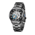 MINI Cooper Skeleton (Steel Bracelet) - Black watch with visible mechanical movement and silver metal band