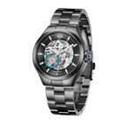 MINI Cooper Skeleton (Steel Bracelet) - Black watch with visible mechanical movement and silver metal band