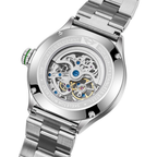 MINI Cooper watch with Skeleton Steel Bracelet - Green featuring visible mechanical movement and stainless steel band