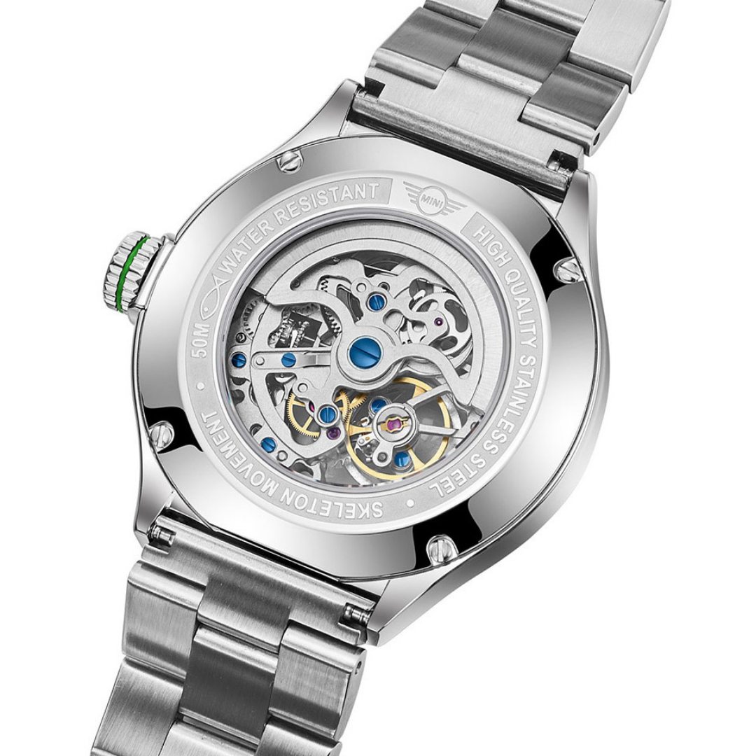 MINI Cooper watch with Skeleton Steel Bracelet - Green featuring visible mechanical movement and stainless steel band