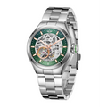 MINI Cooper Skeleton Steel Bracelet - Green watch with stainless steel band and visible mechanical movement