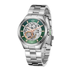 MINI Cooper Skeleton Steel Bracelet - Green watch with stainless steel band and visible mechanical movement
