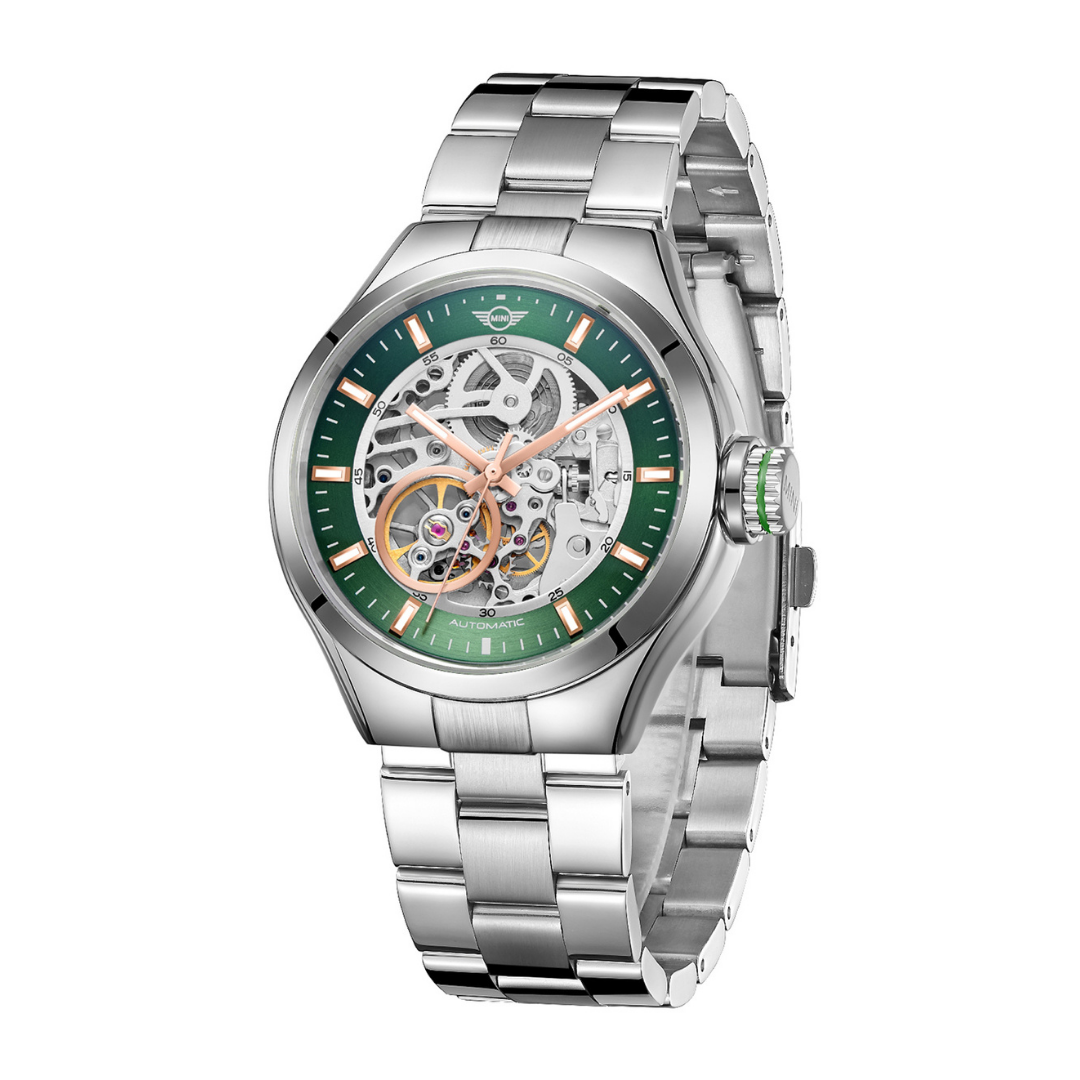 MINI Cooper Skeleton Steel Bracelet - Green watch with stainless steel band and visible mechanical movement