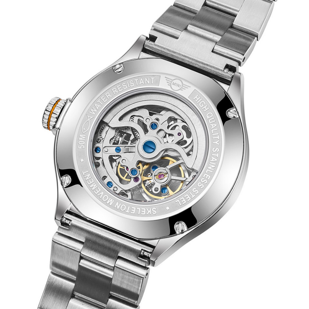 MINI Cooper Skeleton Steel Bracelet - Orange watch showing the detailed skeleton movement with stainless steel bracelet