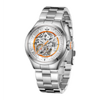 MINI Cooper watch with Skeleton Steel Bracelet - Orange featuring a silver stainless steel band and transparent dial