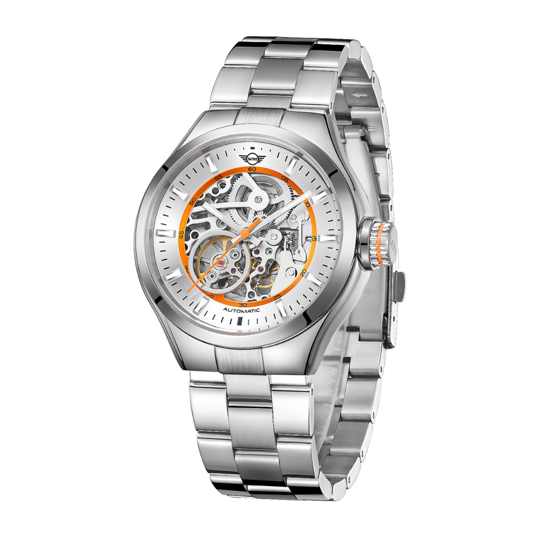 MINI Cooper watch with Skeleton Steel Bracelet - Orange featuring a silver stainless steel band and transparent dial