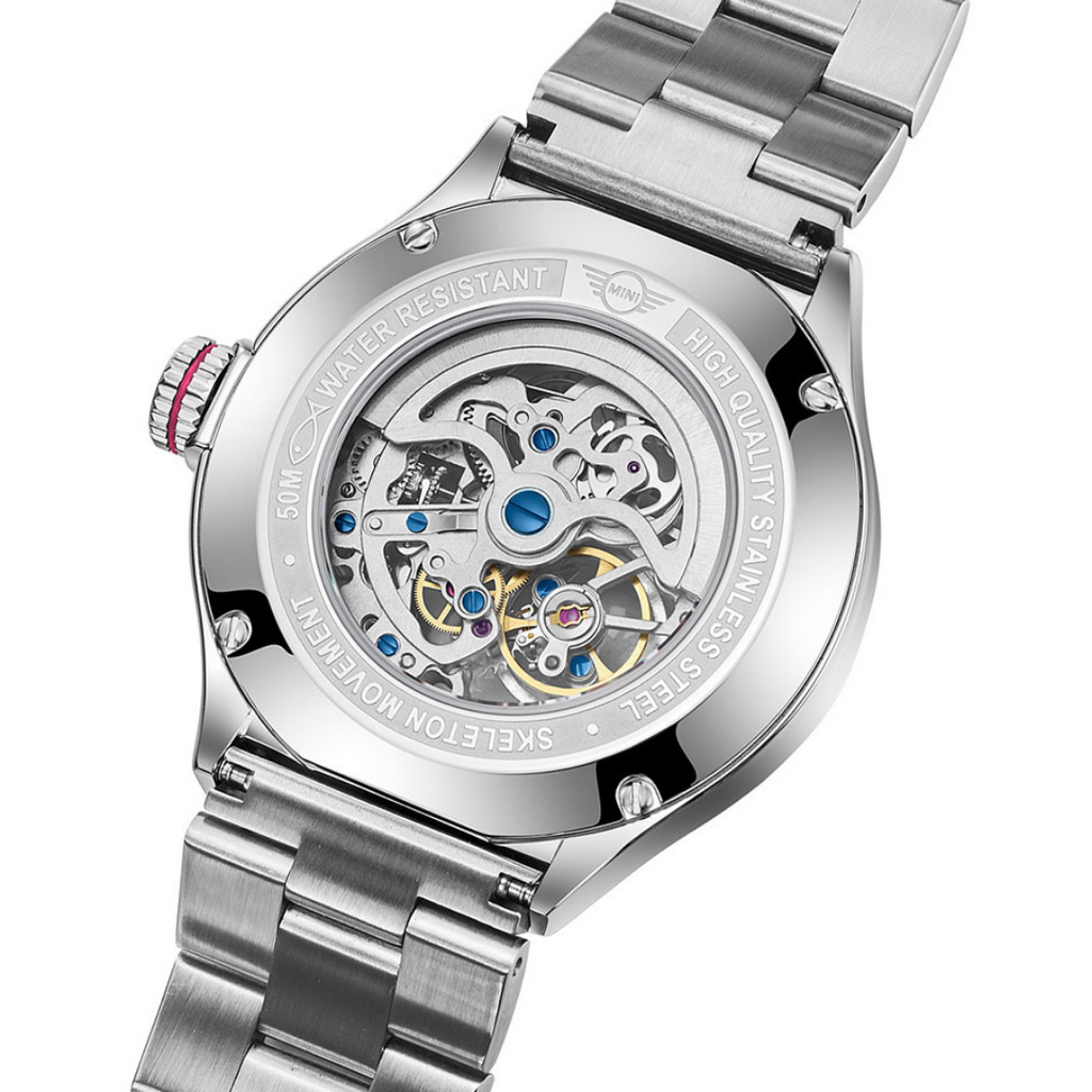 MINI Cooper watch with Skeleton Steel Bracelet - Pink featuring visible mechanical movement and stainless steel construction