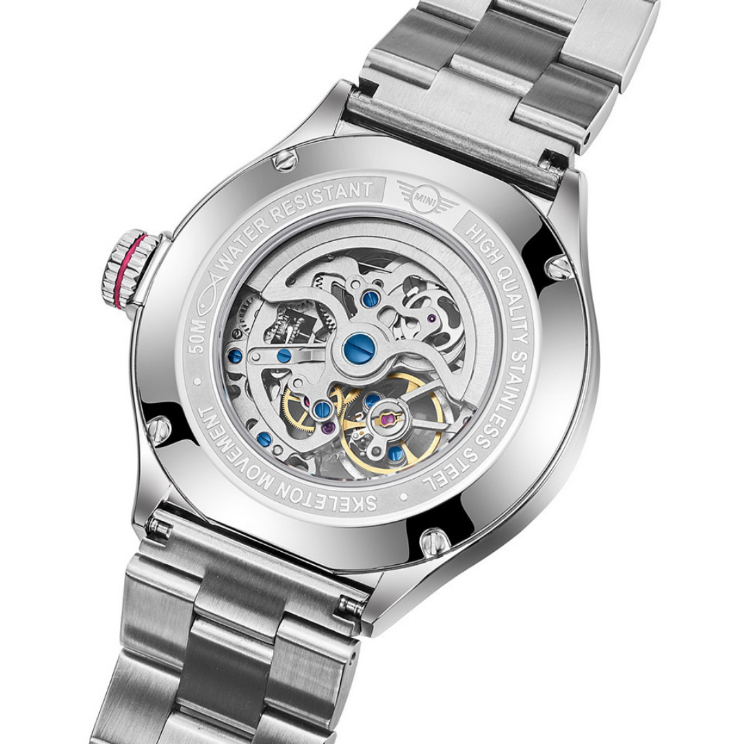 MINI Cooper watch with Skeleton Steel Bracelet - Pink featuring visible mechanical movement and stainless steel construction