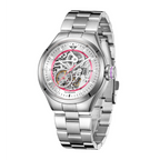 MINI Cooper Skeleton Steel Bracelet - Pink watch with a stainless steel band and visible mechanical movement