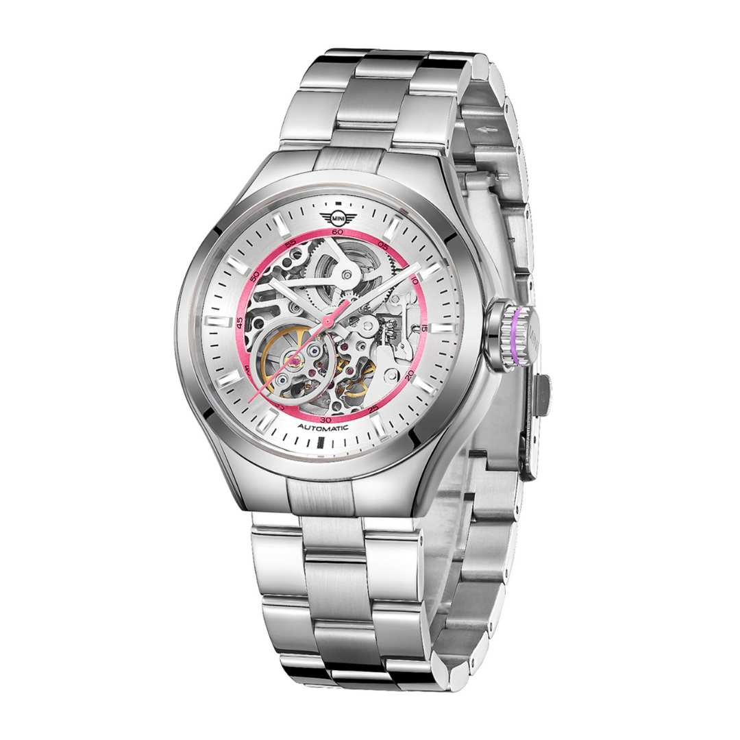 MINI Cooper Skeleton Steel Bracelet - Pink watch with a stainless steel band and visible mechanical movement