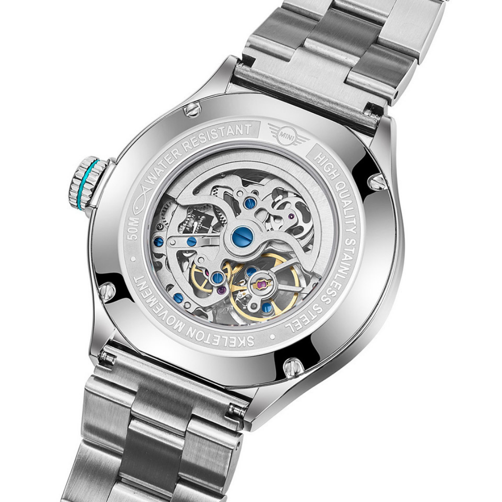 MINI Cooper watch with Skeleton Steel Bracelet - Turquoise featuring visible mechanical movement and stainless steel design