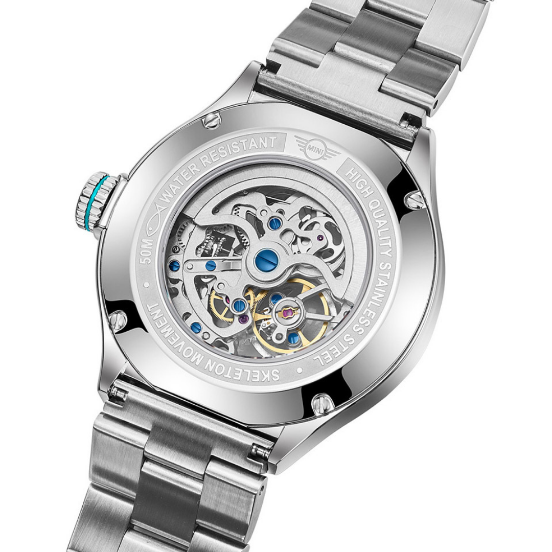 MINI Cooper watch with Skeleton Steel Bracelet - Turquoise featuring visible mechanical movement and stainless steel design