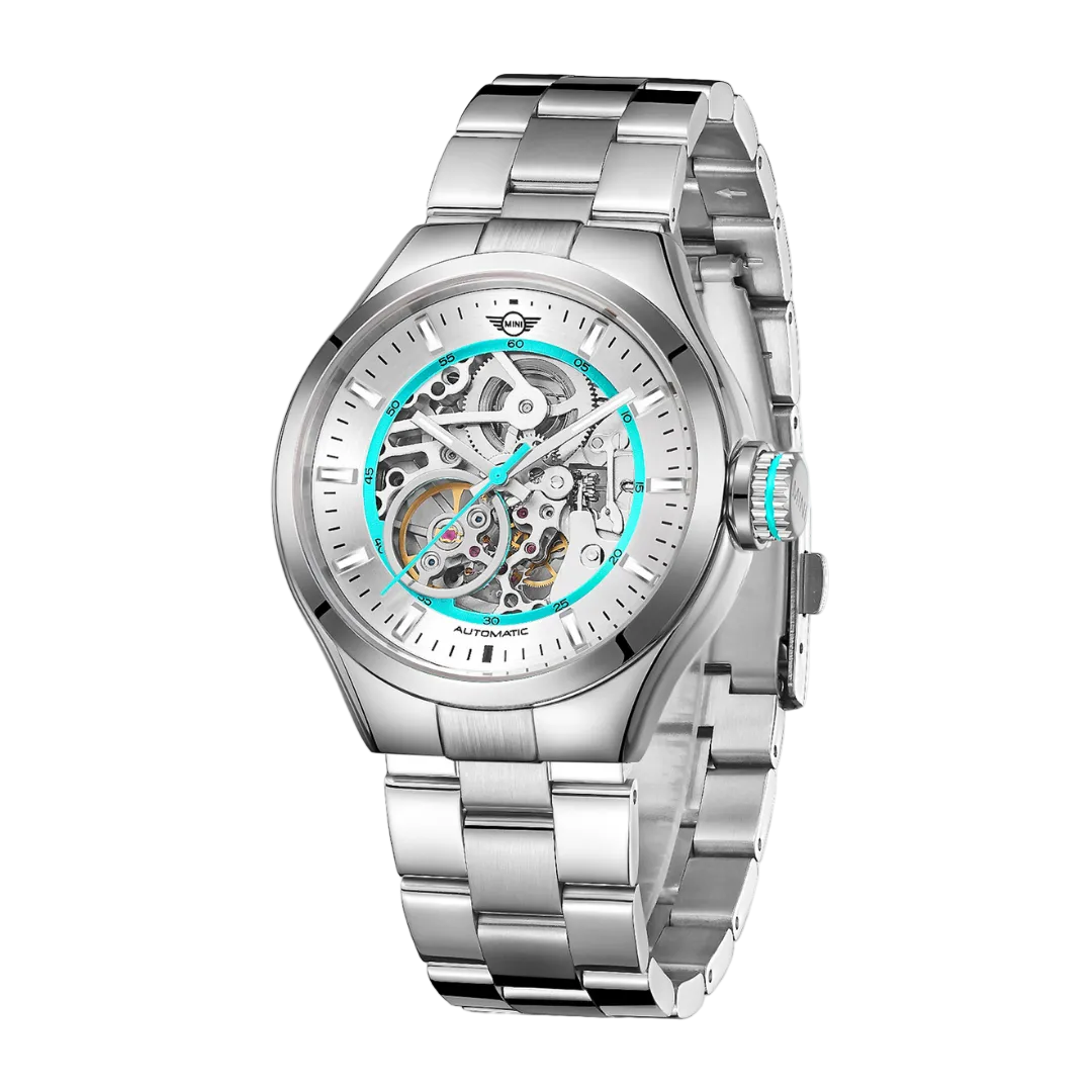 MINI Cooper Skeleton Steel Bracelet - Turquoise watch with silver skeleton dial and stainless steel band