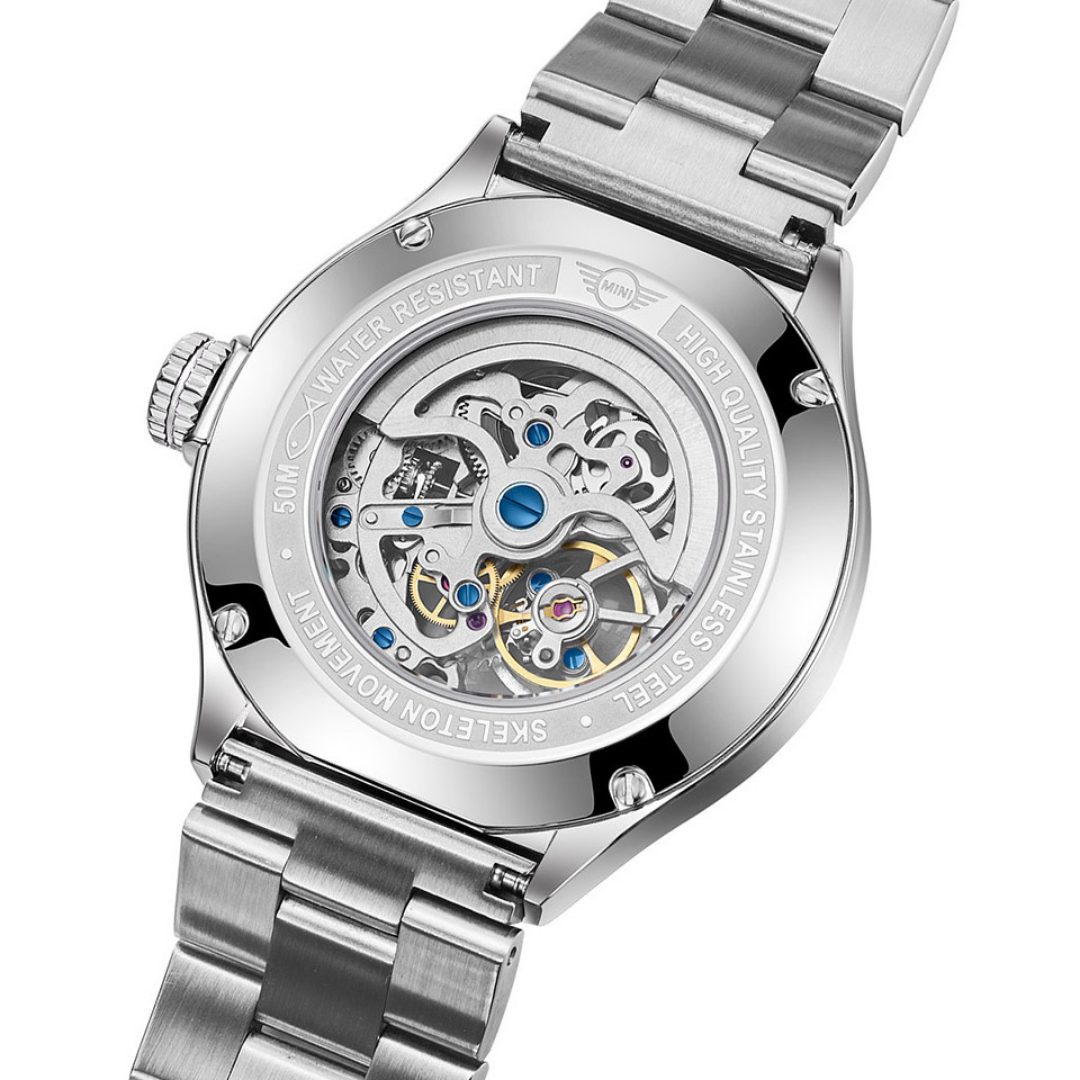 MINI Cooper Skeleton Steel Bracelet - White watch showing detailed skeleton movement and stainless steel bracelet