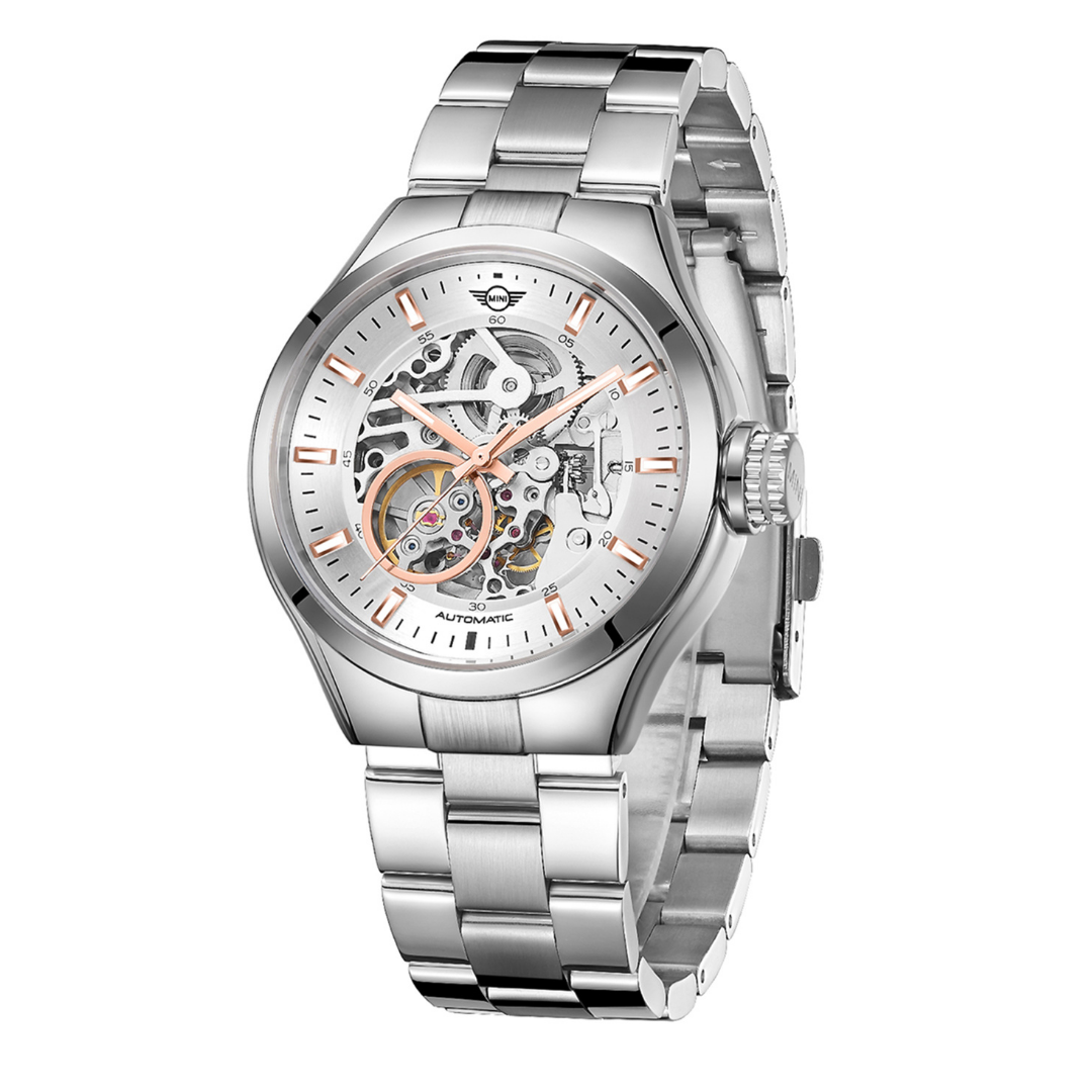 MINI Cooper Skeleton Steel Bracelet - White automatic watch with exposed gears and silver metal band