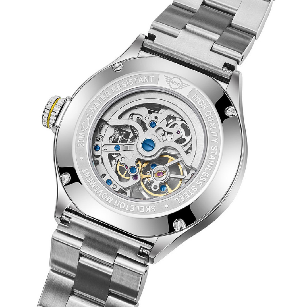 MINI Cooper Skeleton Steel Bracelet - Yellow watch showcasing stainless steel back and visible skeleton movement