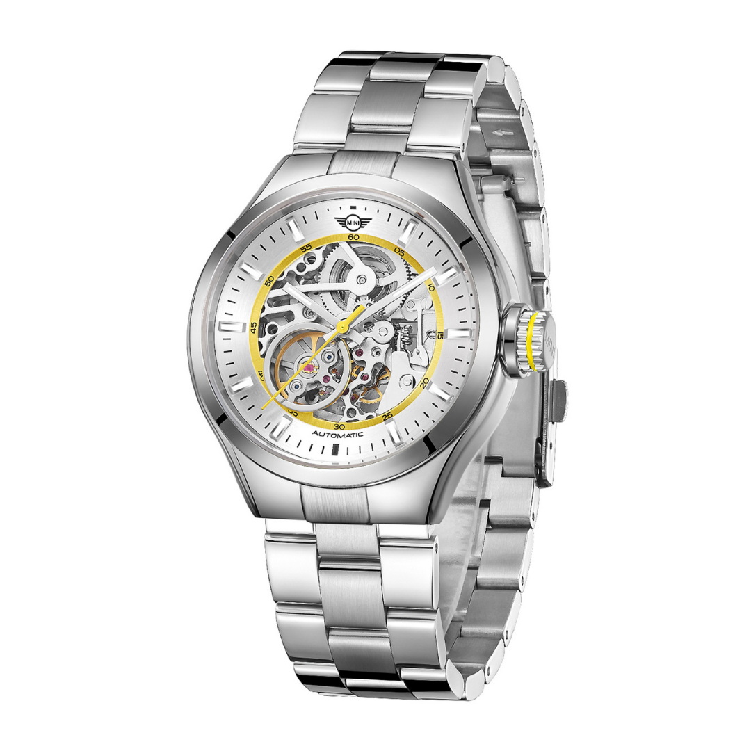 MINI Cooper Skeleton Steel Bracelet - Yellow automatic watch with silver stainless steel band and exposed mechanical movement
