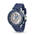 MINI Cooper Skeleton Wheel Dial Silicone Strap - Blue watch with transparent mechanical dial and blue silicone band