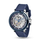 MINI Cooper Skeleton Wheel Dial Silicone Strap - Blue watch with transparent mechanical dial and blue silicone band